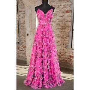 Stacees A-line V Neck Sleeveless Floor-Length Tulle Prom Dress with Ruffles